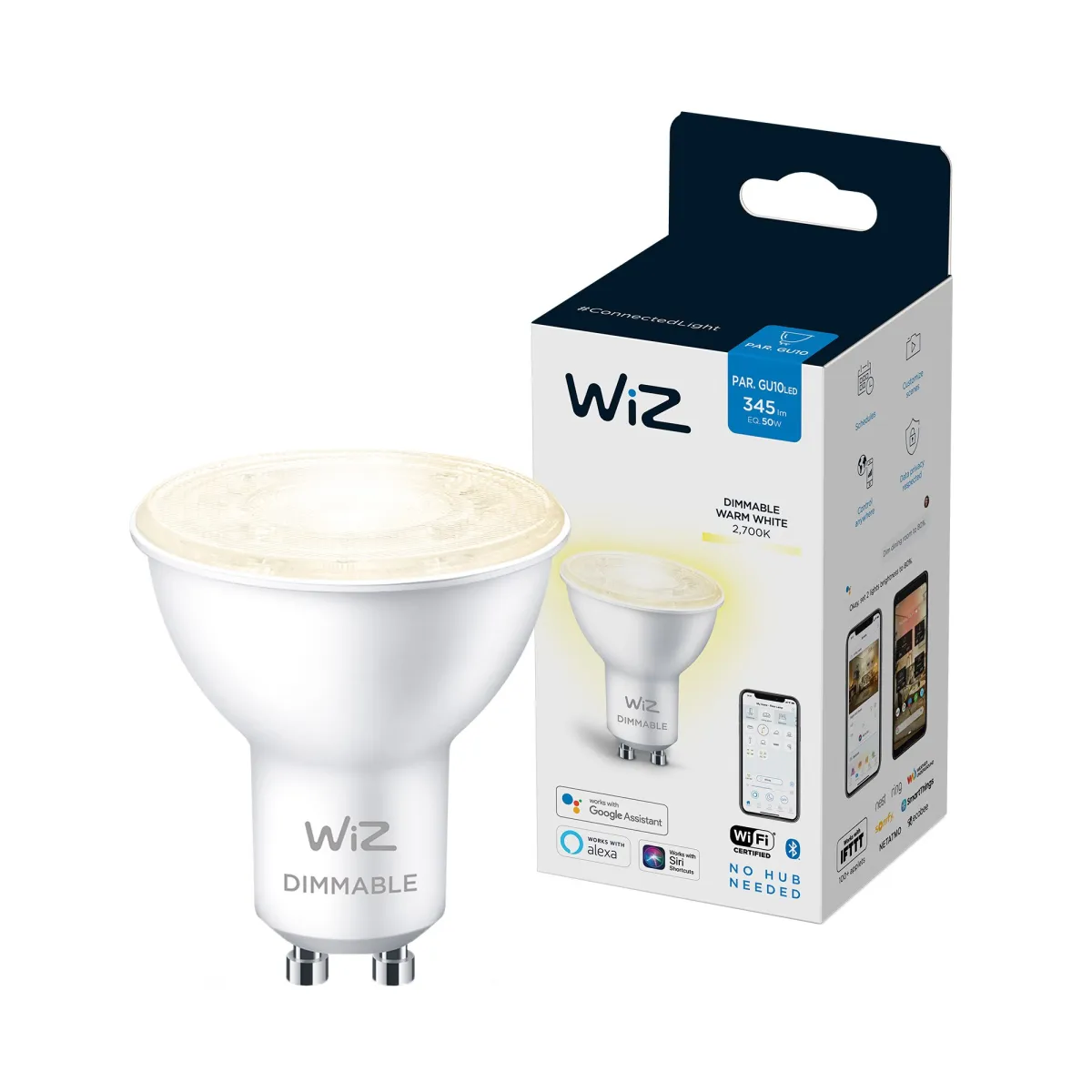 WiZ Connected szabályozható intelligens LED izzó, Wi-Fi, GU10, 4,9 W (50 W), 345 lm, meleg fehér fény, kompatibilis Google Assistant / Alexa / Siri