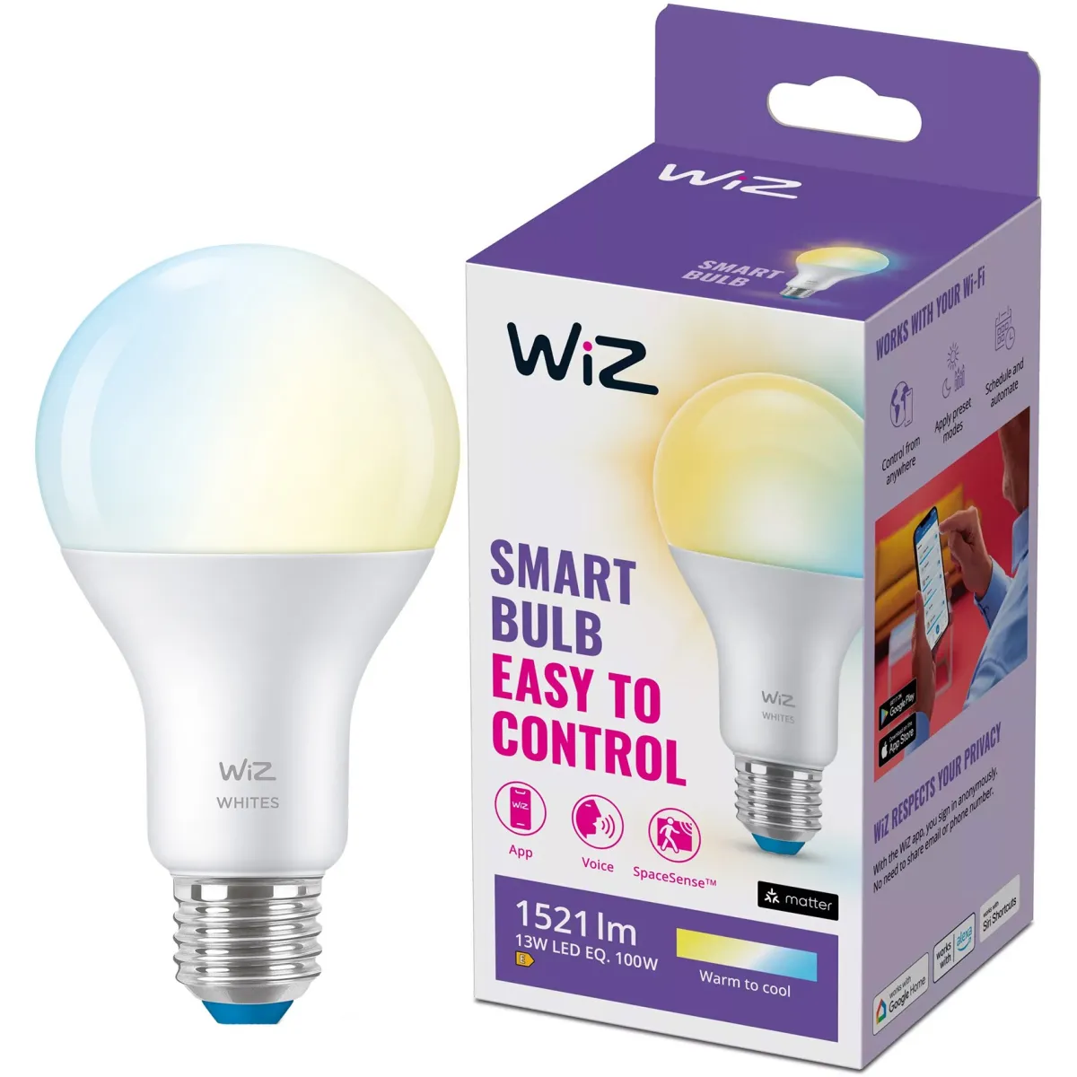 WiZ Connected Whites intelligens LED izzó, Wi-Fi, A67, E27, 13W (100W), 1521 lm, állítható fényhőmérséklet (2700K-6500K), kompatibilis Google Assistant / Alexa / Siri
