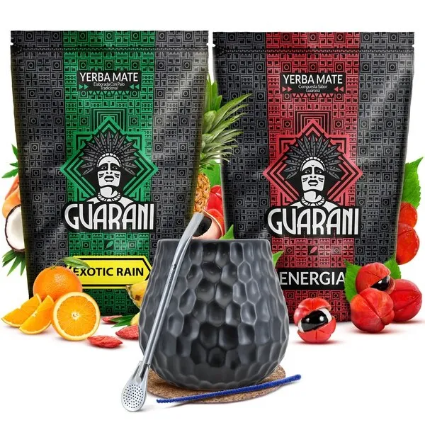 Yerba Mate Készlet, Guarani Energia con Guarana Exotic Rain 2x500g Bögre Sötét 400 ml