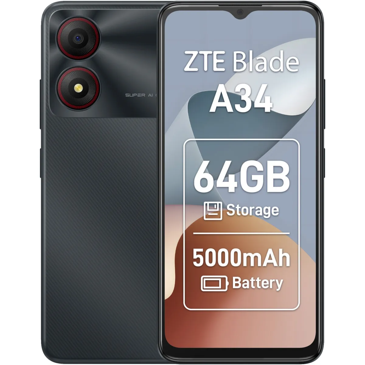 ZTE Blade A34 mobiltelefon, Dual SIM, 2GB RAM, 64GB, 4G, Szürke