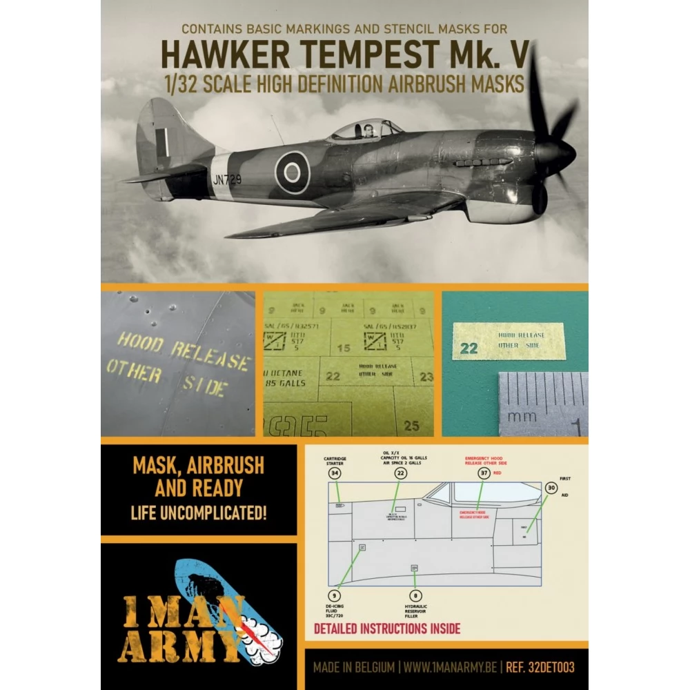 1MANARMY Airbrush maszkoló fólia 1/32 Hawker Tempest MK V RAF katonai repülőgép modellhez