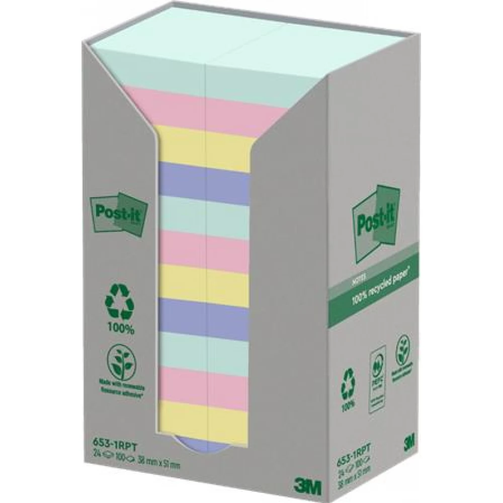 3M POSTIT Nature Öntapadó jegyzettömb 38x51 mm 24x100 lap környezetbarát vegyes pasztell színek