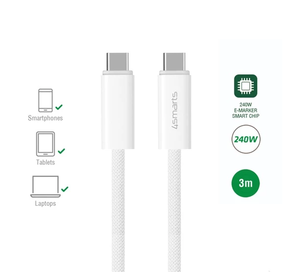 4SMARTS PremiumCord USB Type-C töltő- és adatkábel 240W 3m fehér