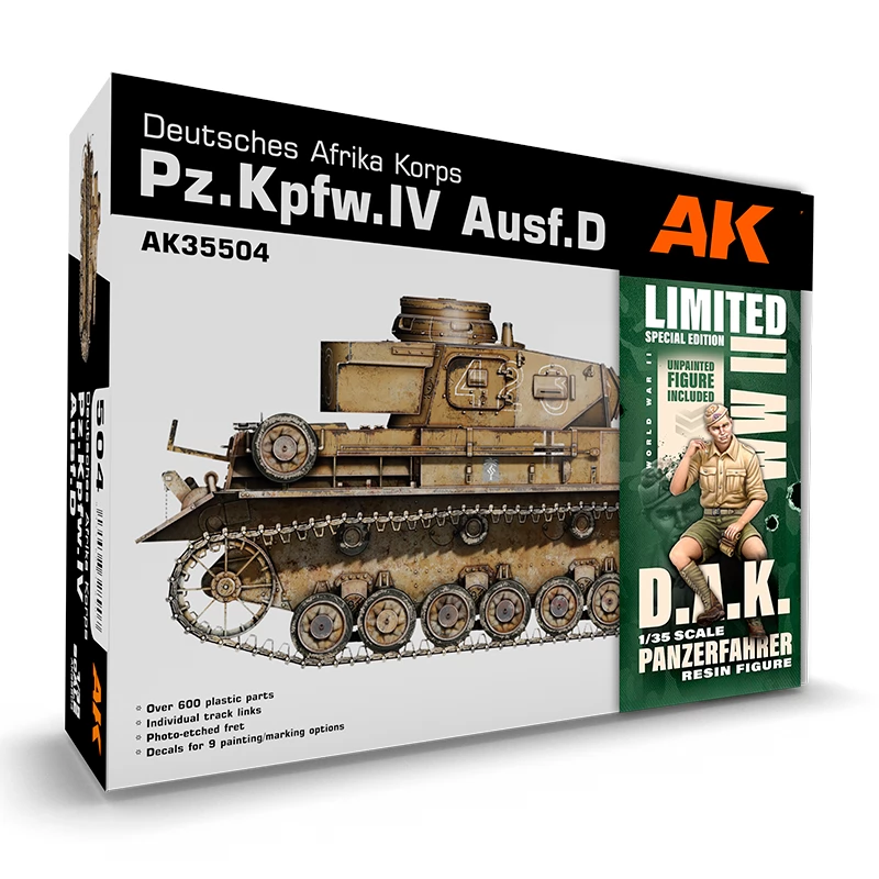 AK INTERACTIVE 1/35 Pz.Kpfw.IV Ausf.D német önjáró löveg modell Német Afrika-hadtest változat sofőr figurával