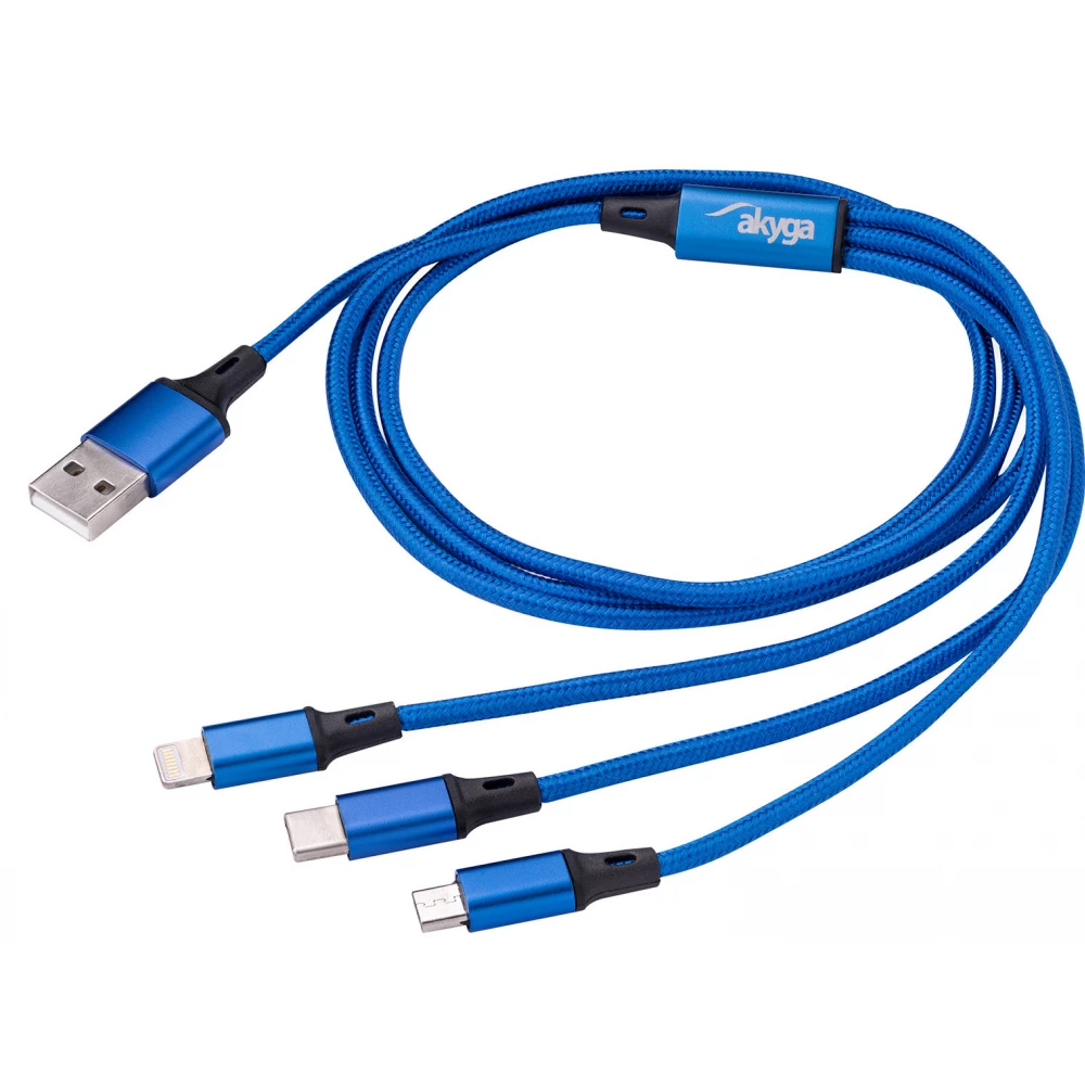 AKYGA USB Lightning + Micro USB + USB Type C Átalakító Kék 1.2m AK-USB-27
