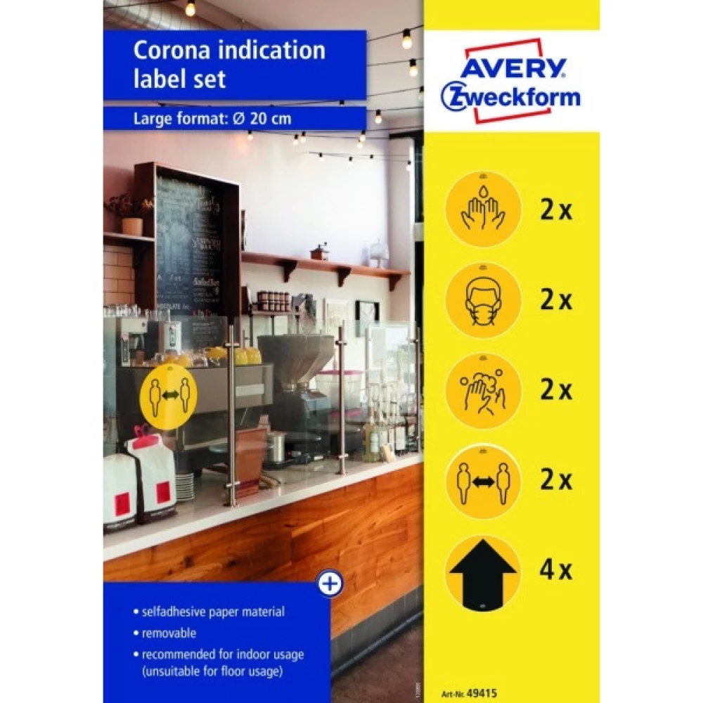 AVERY 49415 20cm sárga 12db-os 5 féle koronavírus információs címke szett
