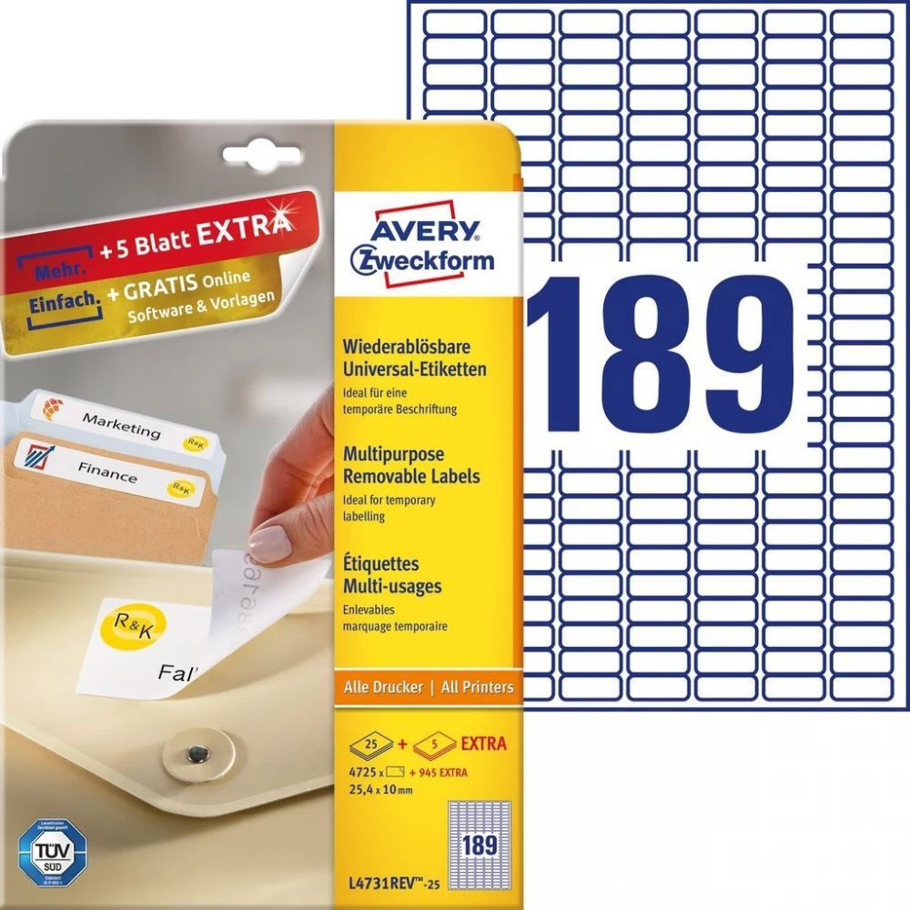 AVERY Címke nyomtatóhoz 25.4x10mm 30x189db visszaszedhető fehér