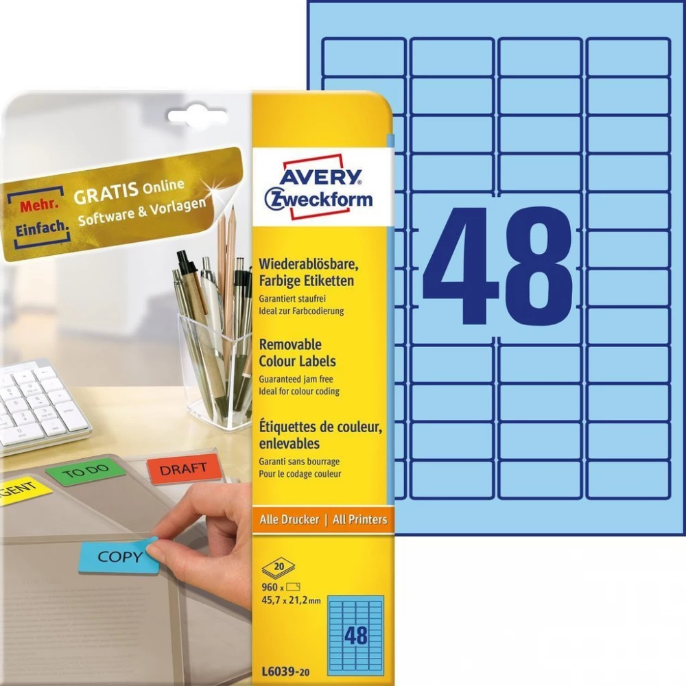 AVERY Címke nyomtatóhoz 45.7x21.2mm 20x48db visszaszedhető kék