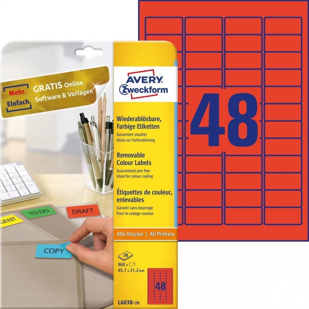 AVERY Címke nyomtatóhoz 45.7x21.2mm 20x48db visszaszedhető piros