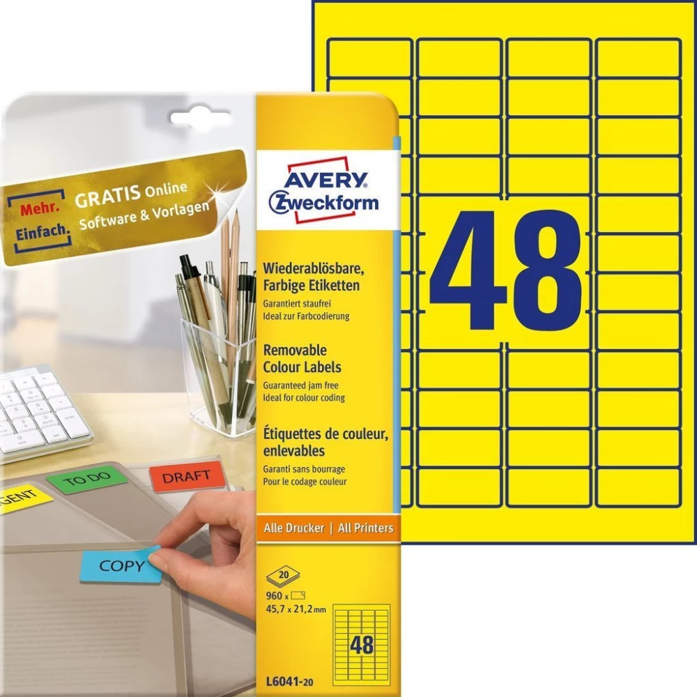 AVERY Címke nyomtatóhoz 45.7x21.2mm 20x48db visszaszedhető sárga