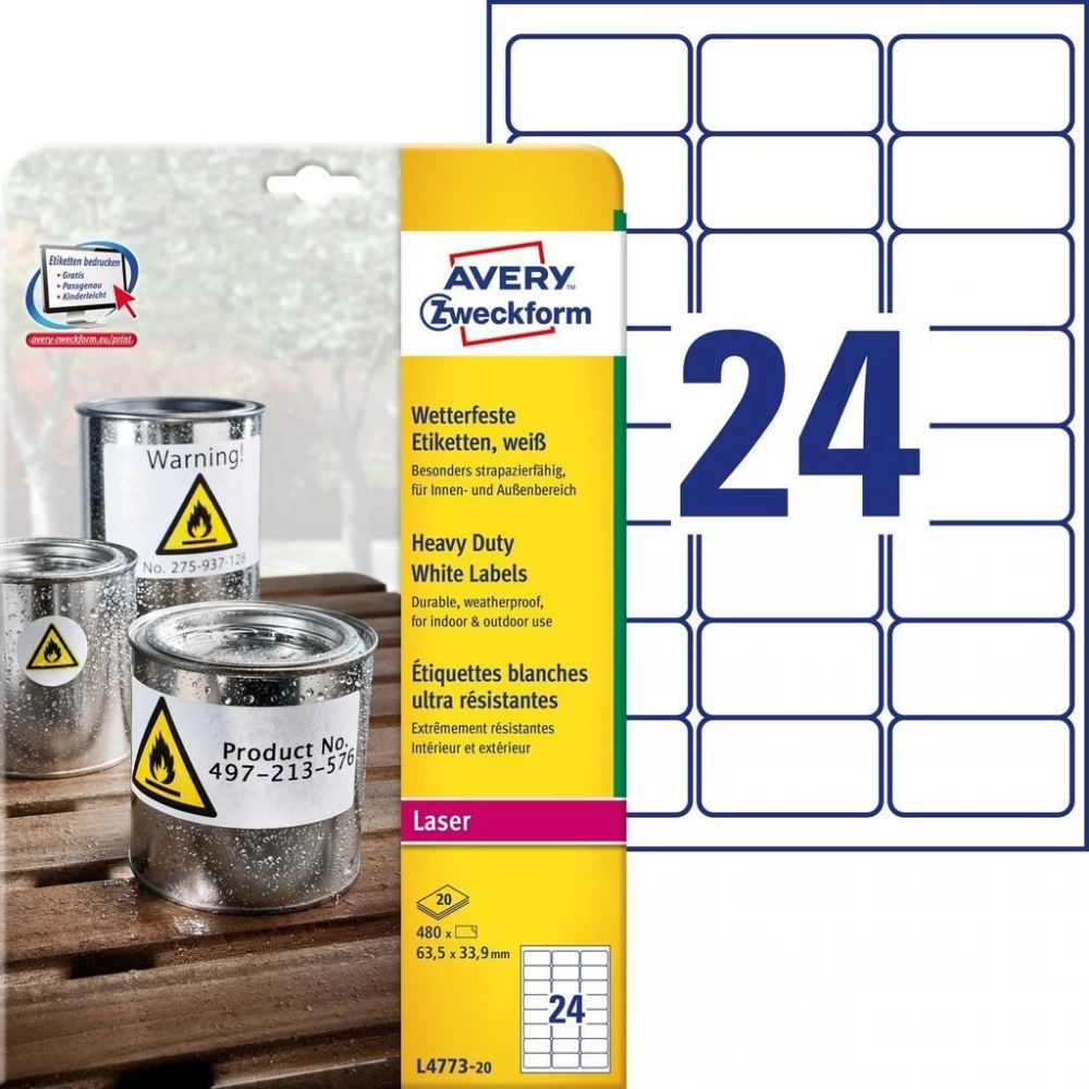 AVERY Időjárásálló Címke lézer nyomtatóhoz 63.5x33.9mm 20x24db fehér