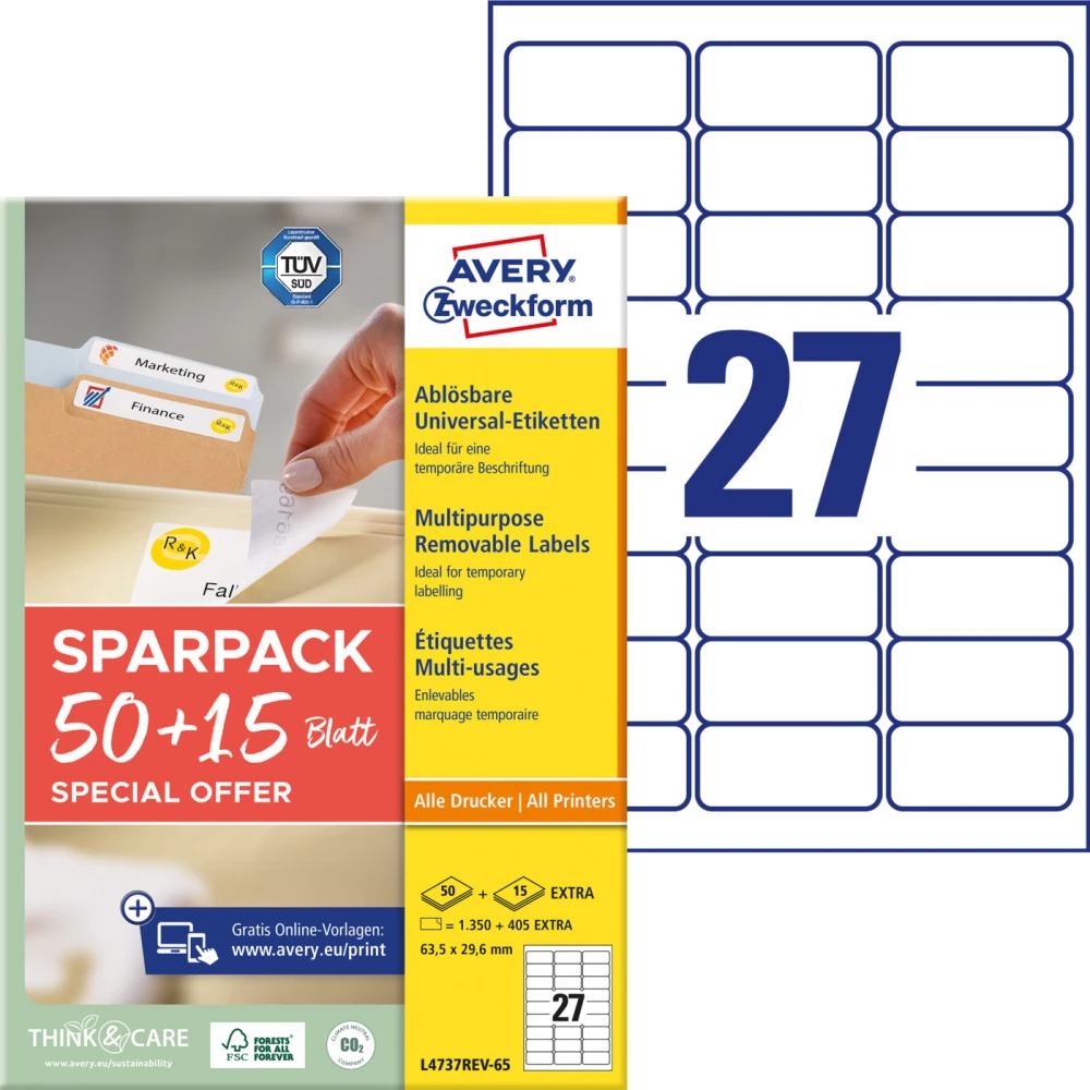 AVERY L4737REV-65 Címke nyomtatóhoz 63.5x29.6mm visszaszedhető fehér