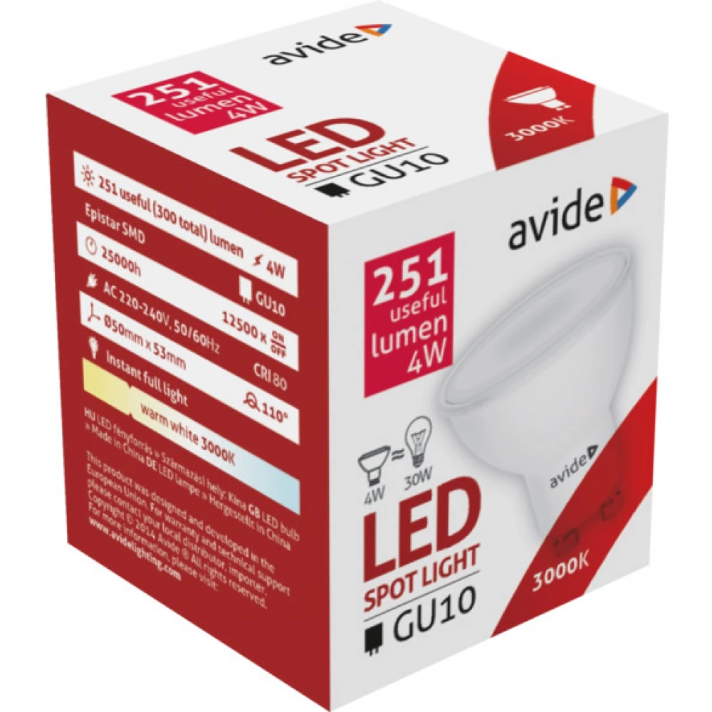 AVIDE 4W GU10 251lm 3000K ABGU10WW-4W-AP