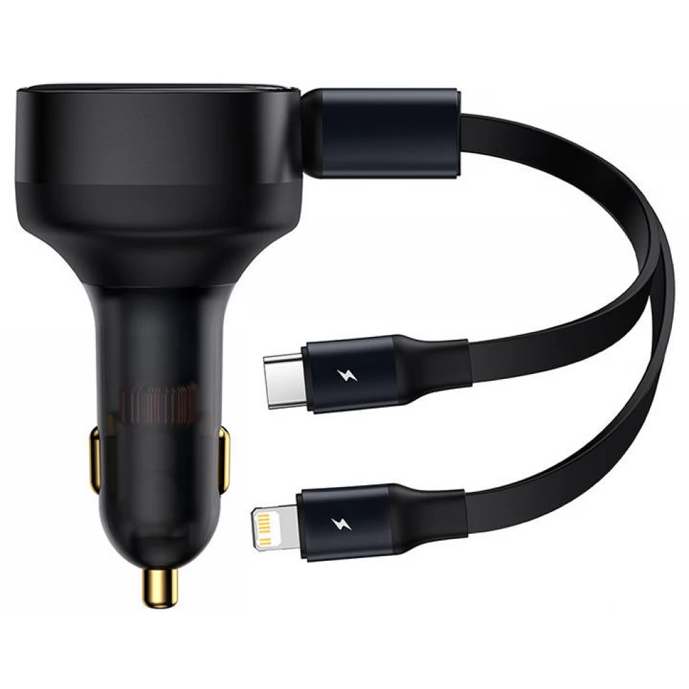 BASEUS Enjoyment Autós töltő Szivargyújtós töltő +2 USB kábel USB-C + Lightning 3A 30W fekete