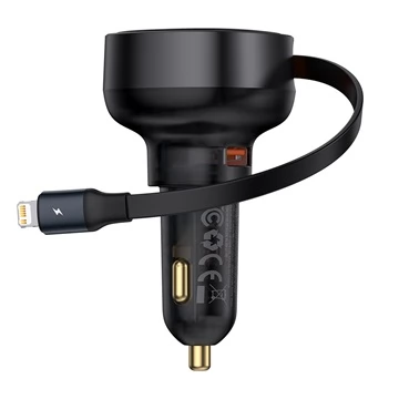 BASEUS Enjoyment Pro Autós töltő 1xUSB+ kihúzható Lightning kábel 55W fekete