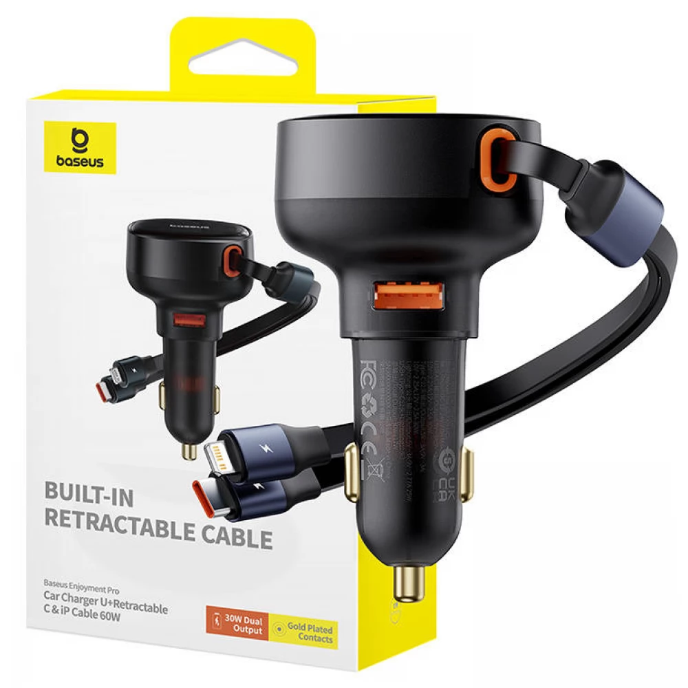 BASEUS Enjoyment Pro Autós töltő 1xUSB+ kihúzható USB-C/Lightning kábel 60W fekete