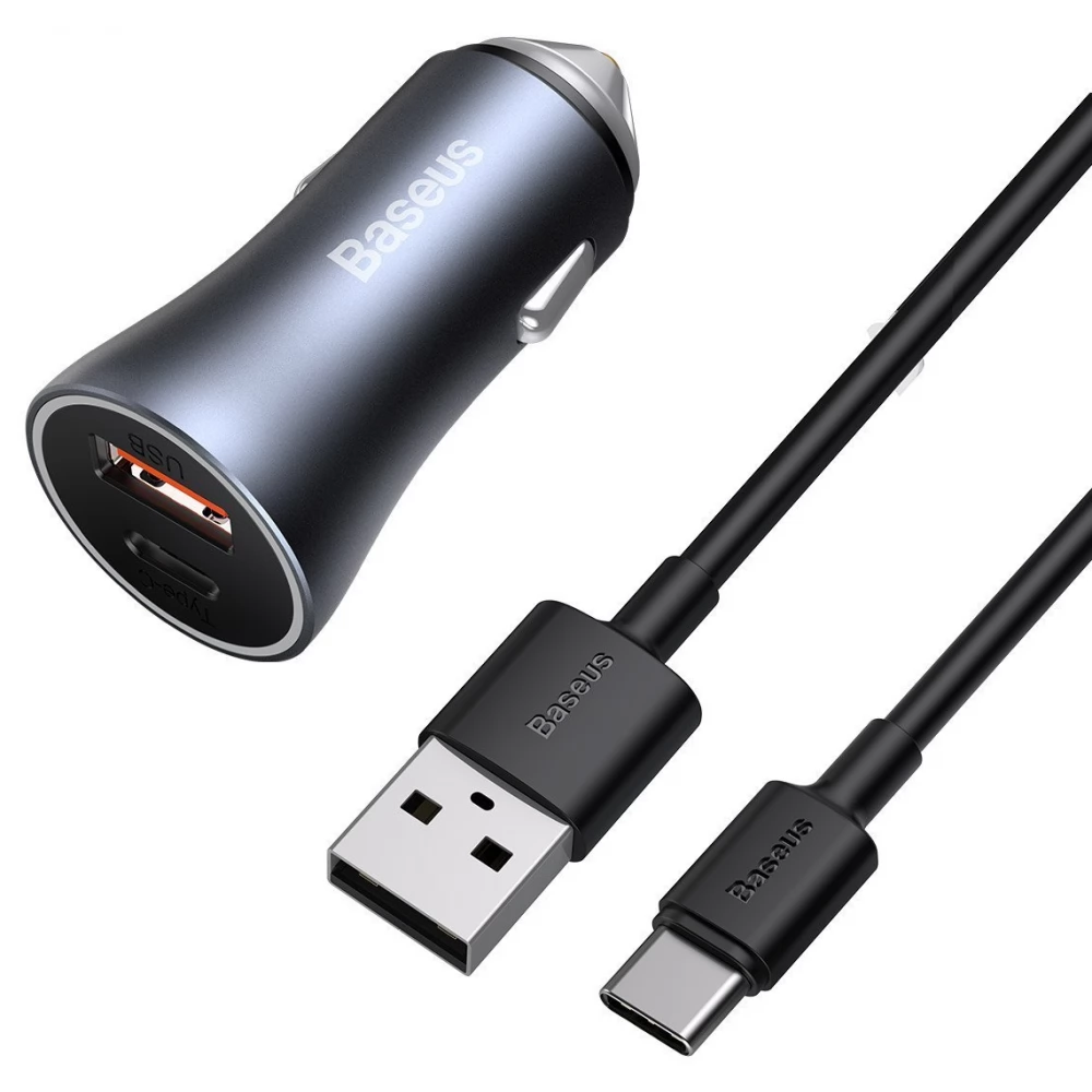 BASEUS Golden Contactor Pro autós töltő 1xUSB 1xUSB-C 40W + USB/USB-C kábel szürke