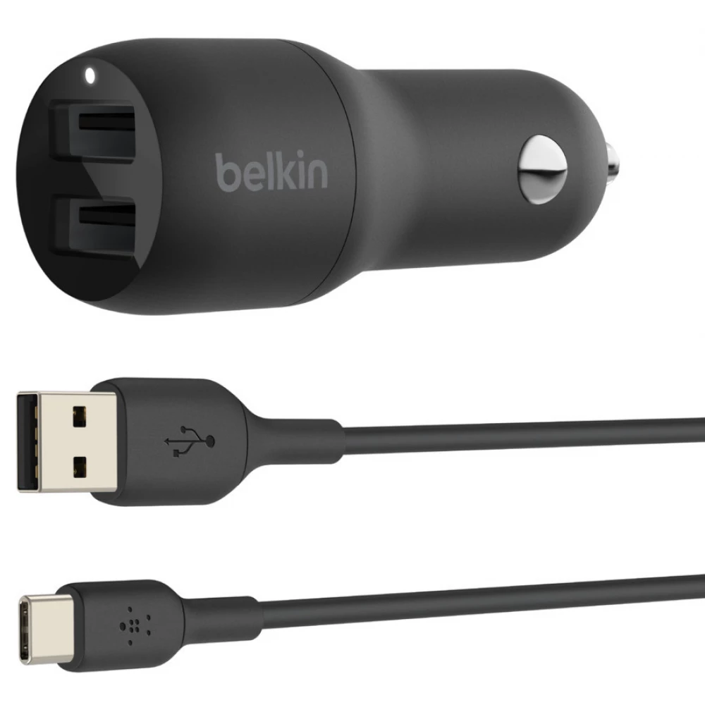 BELKIN Boost Up Charge Autós töltő 2xUSB + USB-C kábel fekete