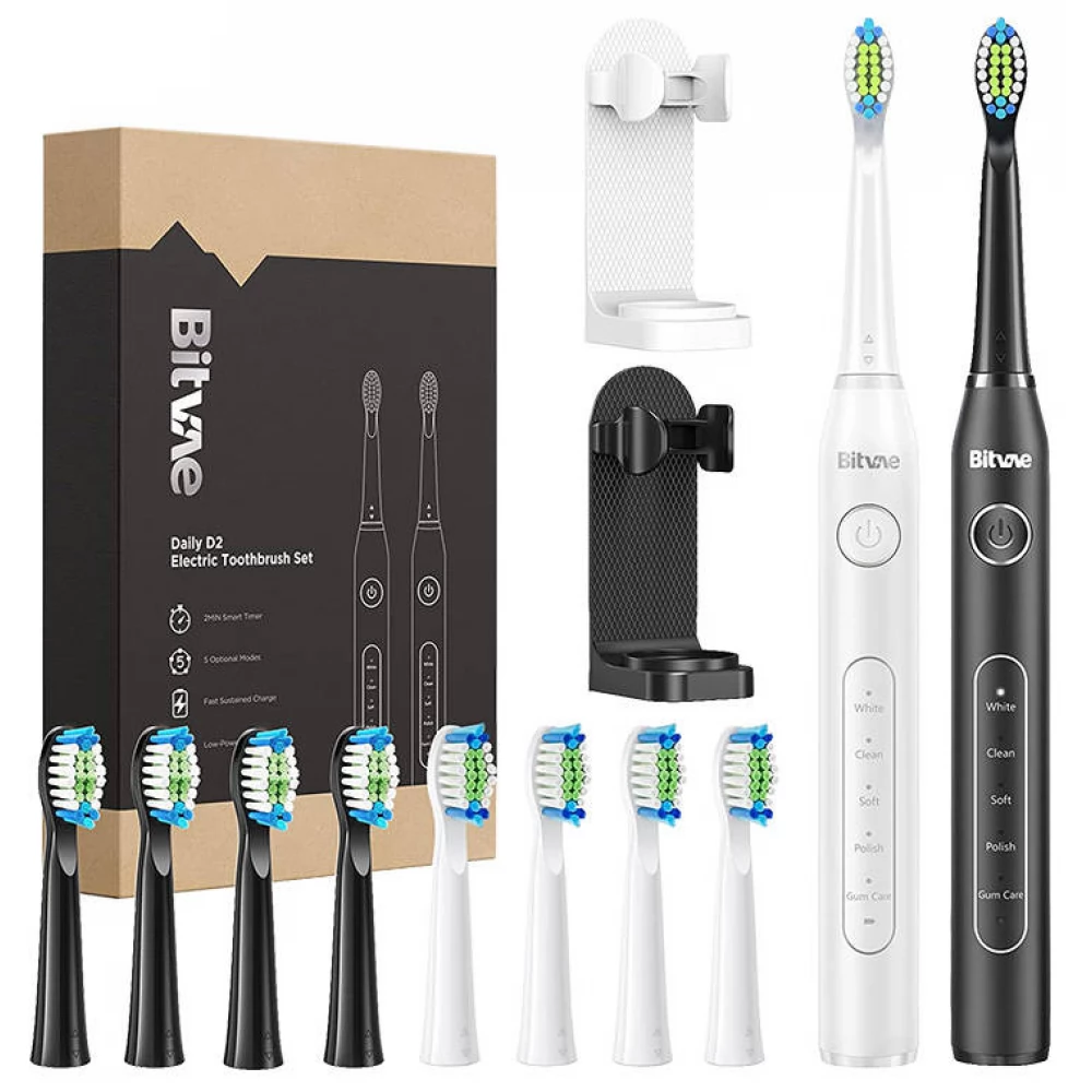 BITVAE D2+D2 Elektromos fogkefe készlet 2 fogkefetartóval 4-4 fejjel fehér-fekete