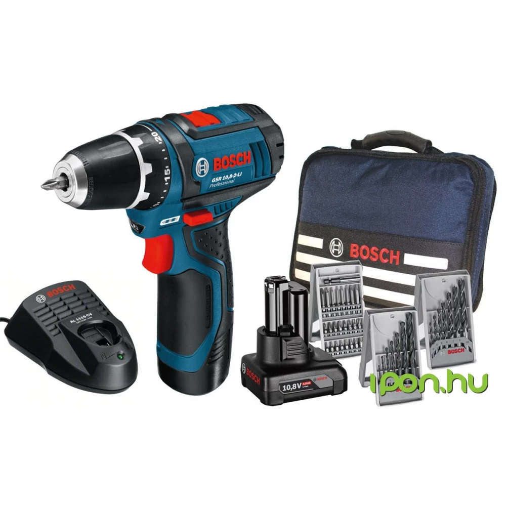 BOSCH GSR 10.8-2-LI Akkus fúró-csavarozó 39 részes tartozék készlettel és táskával
