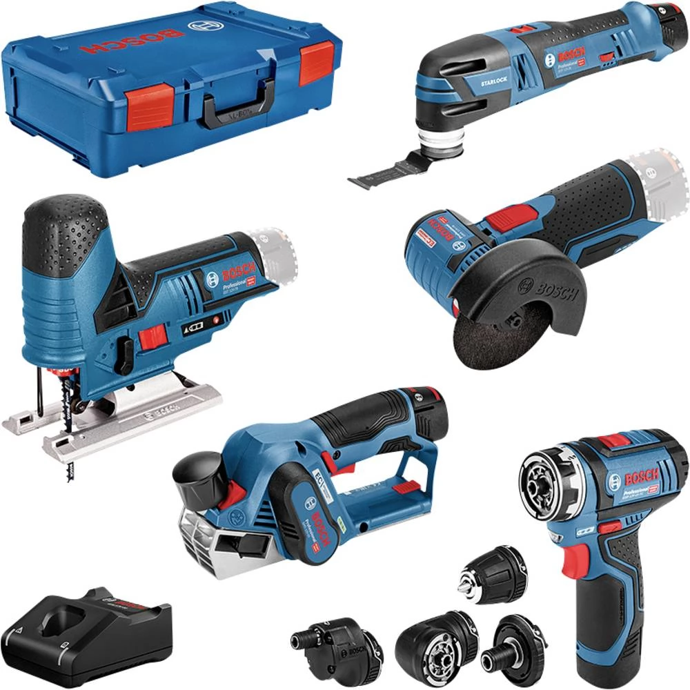 BOSCH GSR + GOP + GHO + GWS + GST 5 db-os 12V-os szerszámkészlet 3 db akku + XL-BOXX