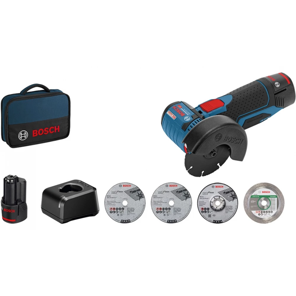 BOSCH GWS 12V-76 Professional akkus sarokcsiszoló táskában 2 x 2.0 Ah lítium-ion akkuval tartozékkészlettel