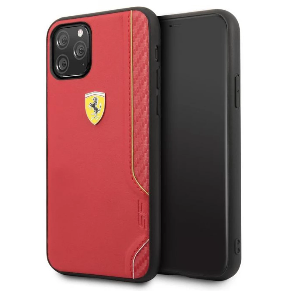 CG MOBILE PU bőr hátlap tok szénszállal Ferrari on Track Logóval iPhone 11 Pro piros