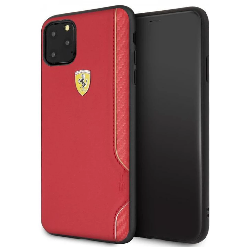 CG MOBILE PU bőr hátlap tok szénszállal Ferrari on Track Logóval iPhone 11 Pro Max piros