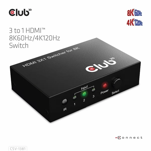 CLUB3D 3 to 1 HDMI 8K60Hz/4K120Hz Switch