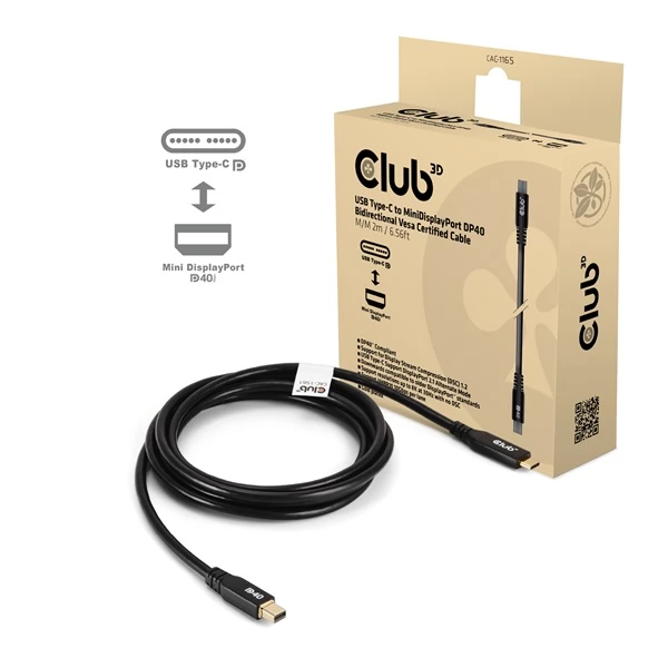 CLUB3D USB 3.2 Type C Mini DisplayPort Átalakító Fekete 2m CAC-1561