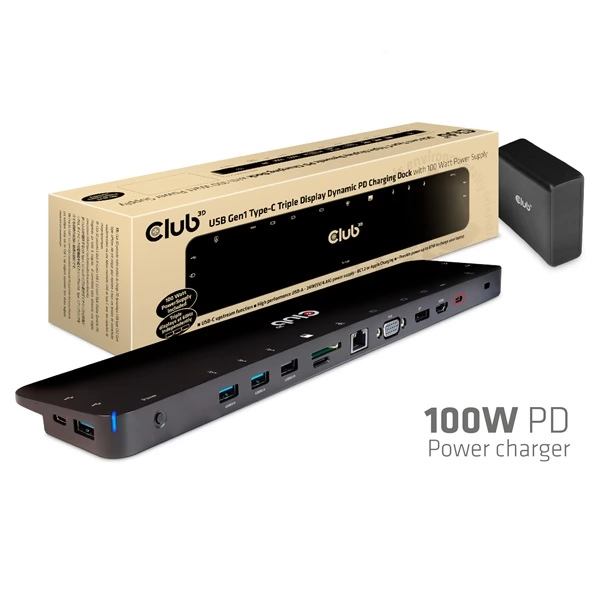 CLUB3D USB Type C 3.2 Gen1 Triple Display Dynamic PD Charging Dock 100W PD Power charger