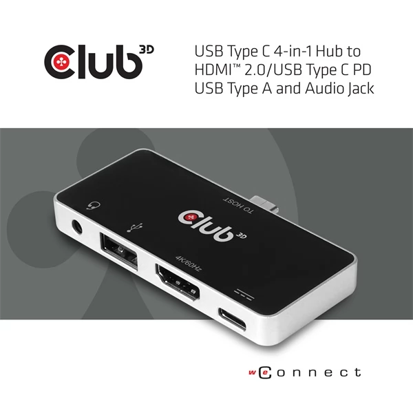 CLUB3D USB Type C 4-in-1 Hub to HDMI 4K60Hz USB Type C PD / USB Type A / Audio jack