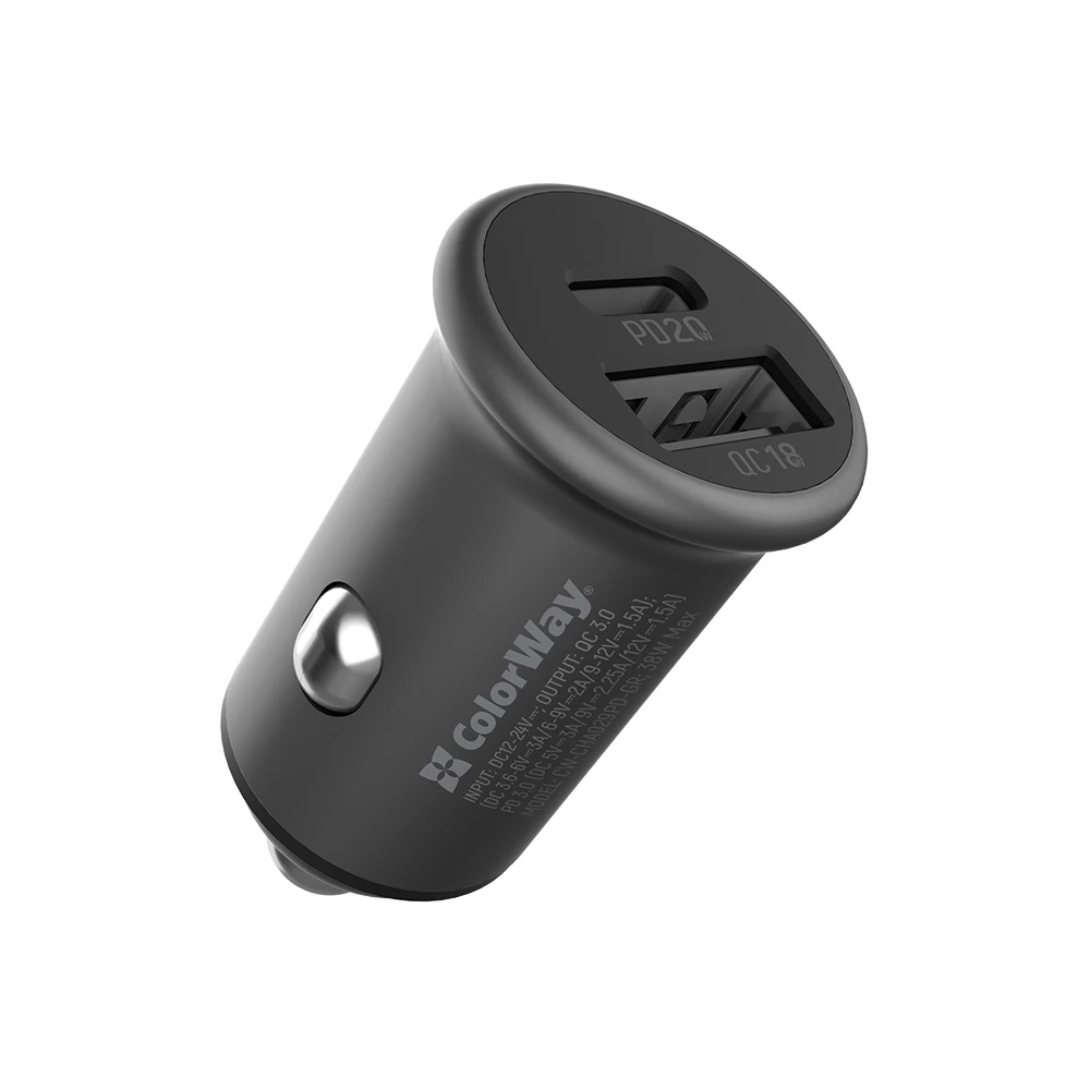 COLORWAY Autós töltő 1xUSB 1xUSB-C 38W szürke