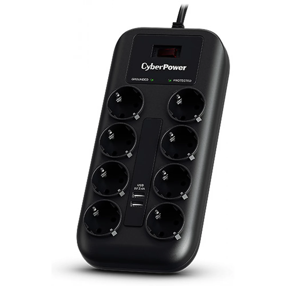 CYBERPOWER P0820SUF0-DE Elosztó 8 aljzat 2xUSB kapcsolós védett 1.8m fekete