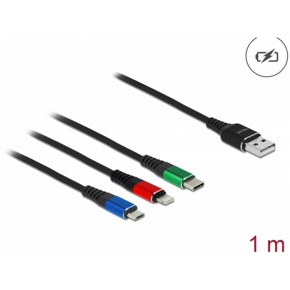 DELOCK USB Lightning + Micro USB + USB Type C Átalakító Fekete 1m 87277