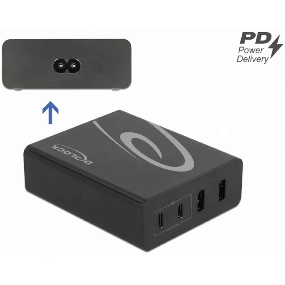 DELOCK USB töltő 2 db. USB Type-C PD + 2 db. A-típusú USB 112 W fekete