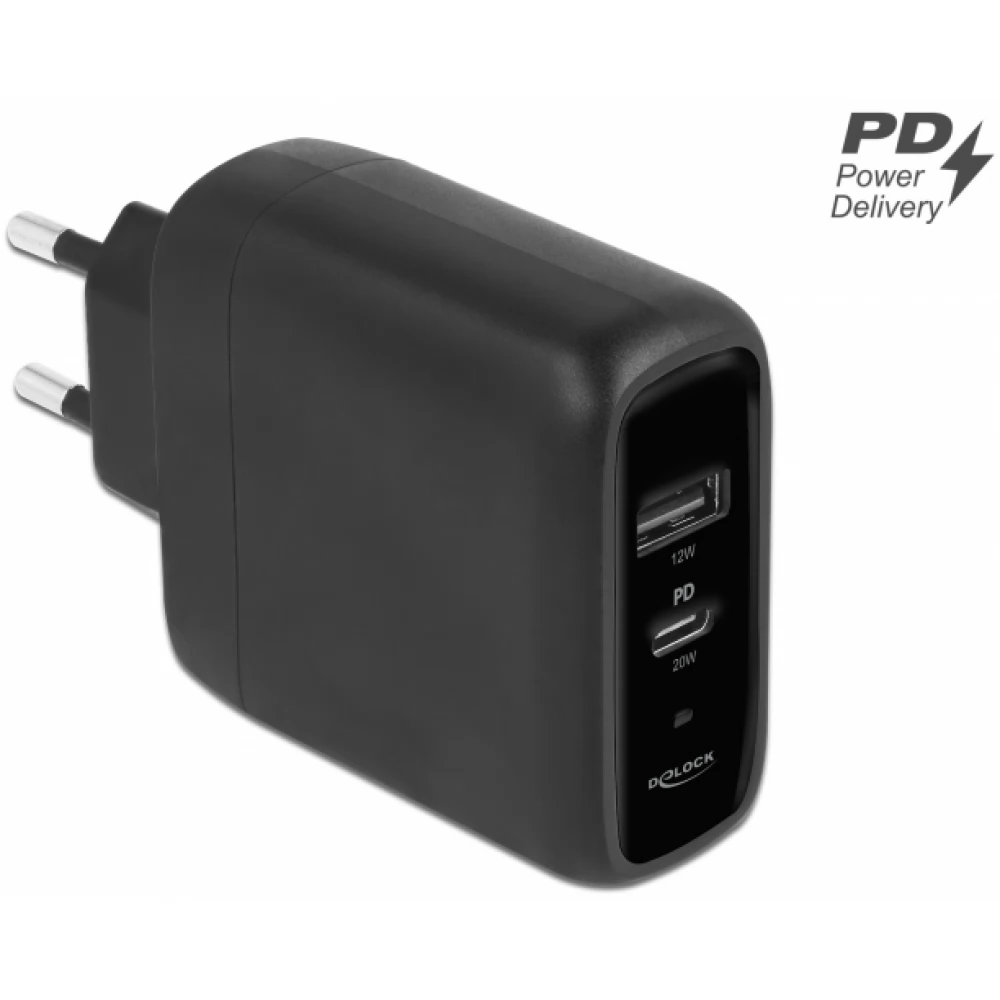 DELOCK USB töltő USB Type-C PD 3.0 és A-típusú USB-hez 20 W + 12 W fekete
