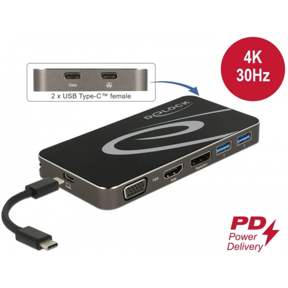 DELOCK USB Type-C 3.2 Dockingstation 4K HDMI DP / 1080p VGA USB Hub und PD 3.0