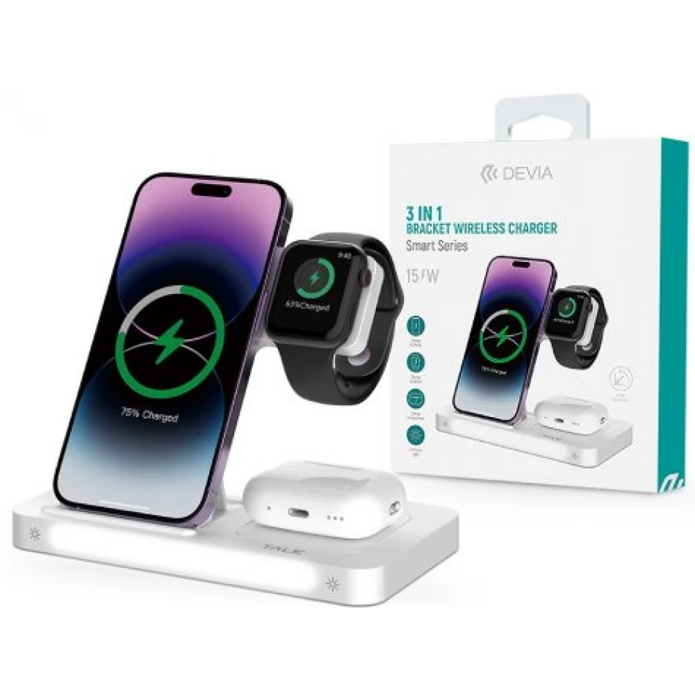 DEVIA 3 in 1 Bracket Vezeték nélküli Qi univerzális töltő állomás 15W fehér
