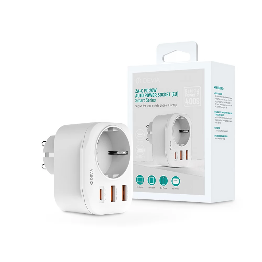 DEVIA Aljzat 2xUSB + Type-C 20W Auto Power Socket fehér