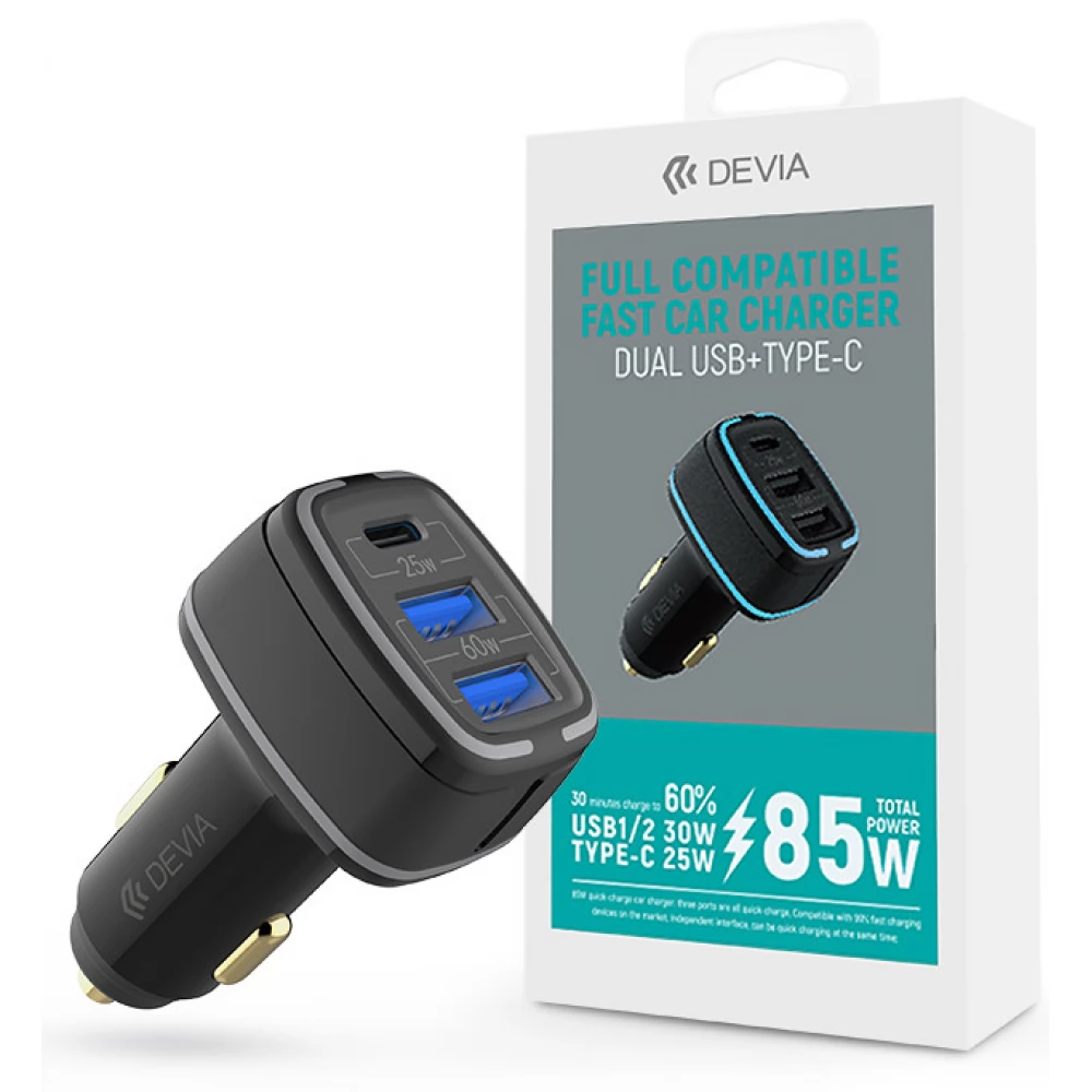 DEVIA Autós extrém gyorstöltő 2xUSB+ USB-C 85W fekete