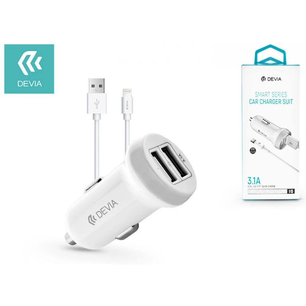 DEVIA Autós gyorstöltő 5/5S/5C/SE/iPad 4/iPad Mini + lightning kábel 3.1A fehér