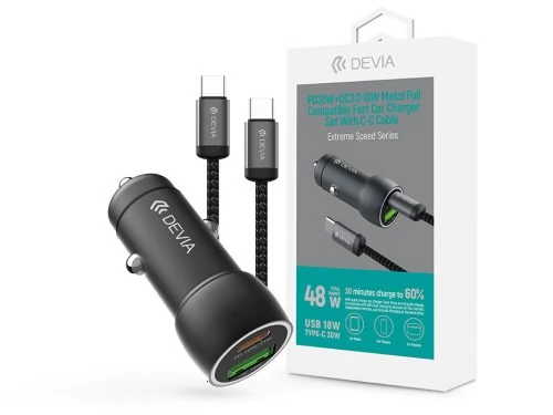 DEVIA Extrem Speed Autós gyorstöltő 1xUSB+ USB-C 30W + USB-C kábel fekete