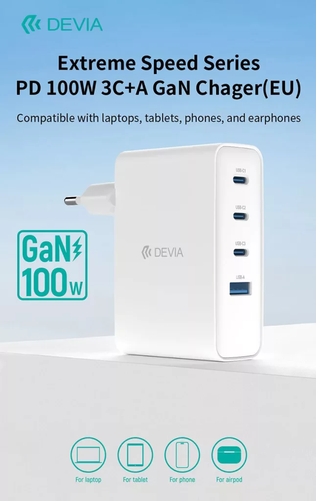 DEVIA Extreme Speed Series 100W GaN PD hálózati gyorstöltő adapter fehér
