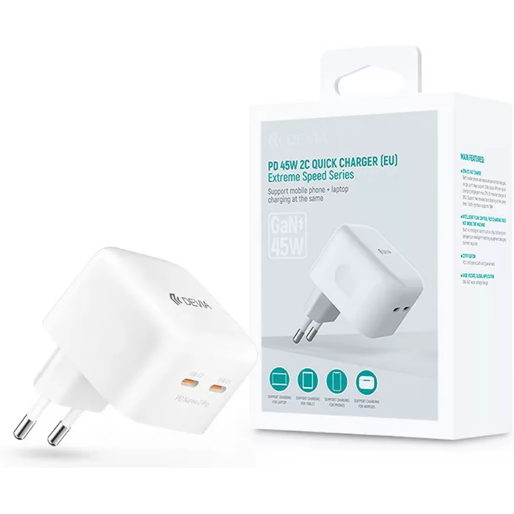 DEVIA GaN hálózati töltő adapter 2xType-C bemenettel 45W fehér
