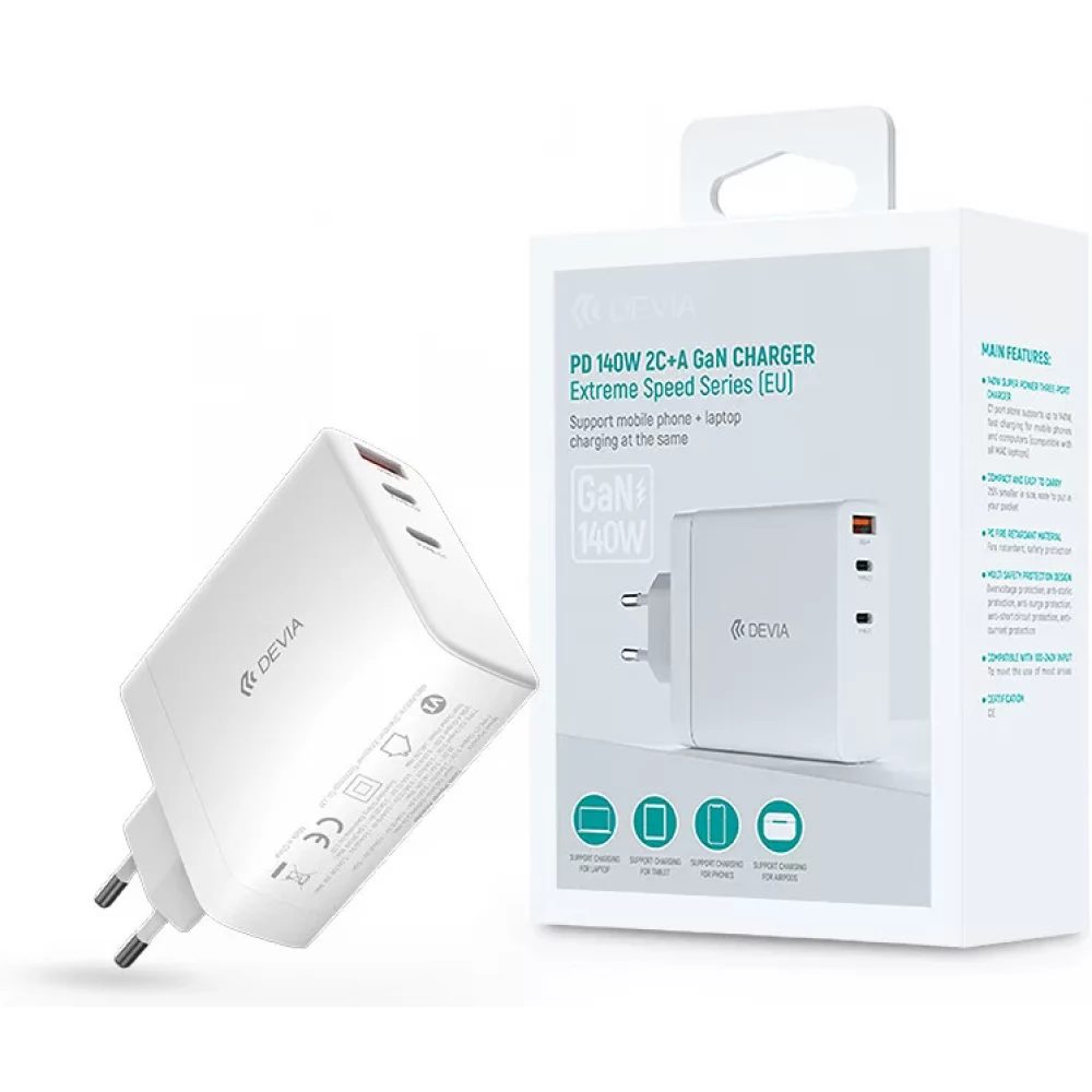 DEVIA GaN hálózati töltő adapter USB + 2xType-C bemenettel - 140W fehér