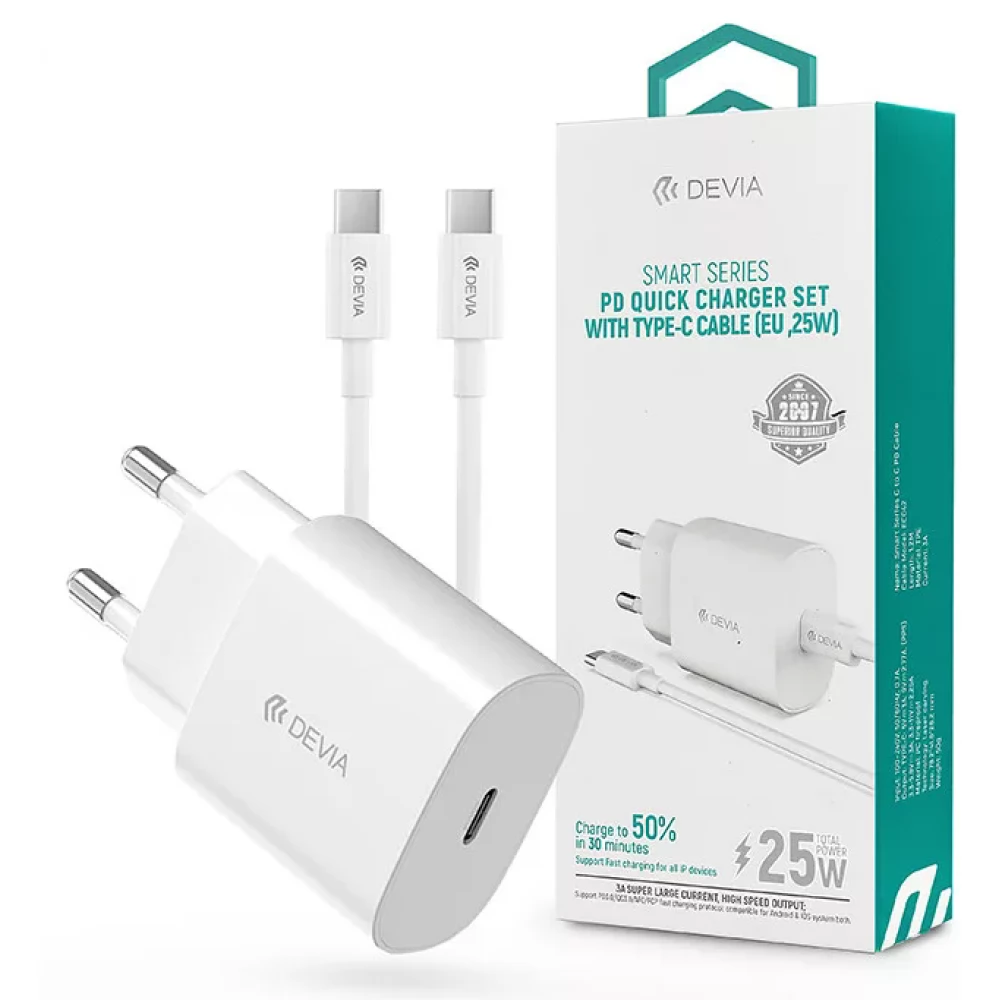 DEVIA Hálózati töltő adapter Type-C bemenettel + Type-C - Type-C adatkábel 25W fehér