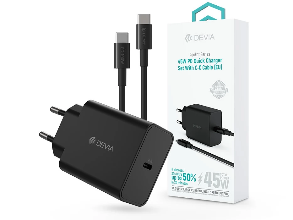 DEVIA Rocket Series PD+QC gyorstöltő adapter + Type-C/Type-C kábel 45W fekete
