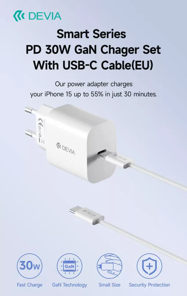 DEVIA Smart Series 30W GaN PD+QC hálózati gyorstöltő adapter + Type-C - Type-C kábel fehér