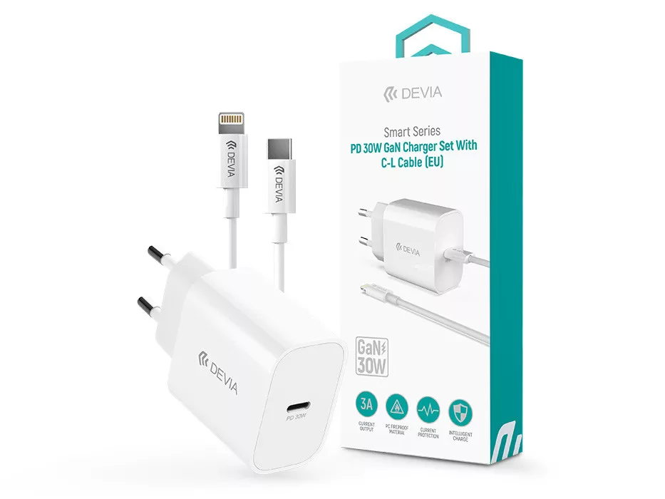 DEVIA Smart Series 30W GaN PD+QC hálózati gyorstöltő adapter + Type-C - Lightning kábel fehér